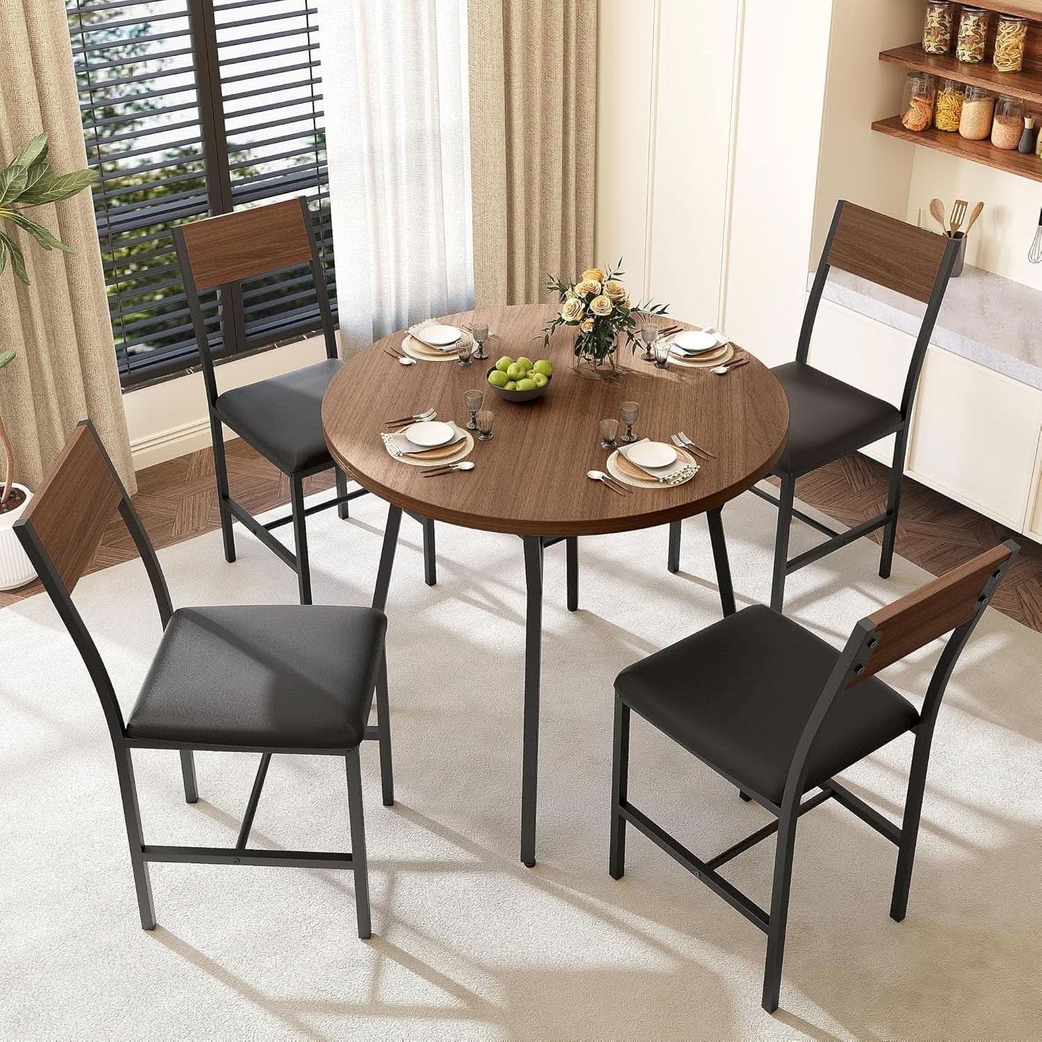 Round Dining Table Set For Four Walnut Wood Finish Metal from PriceLows™