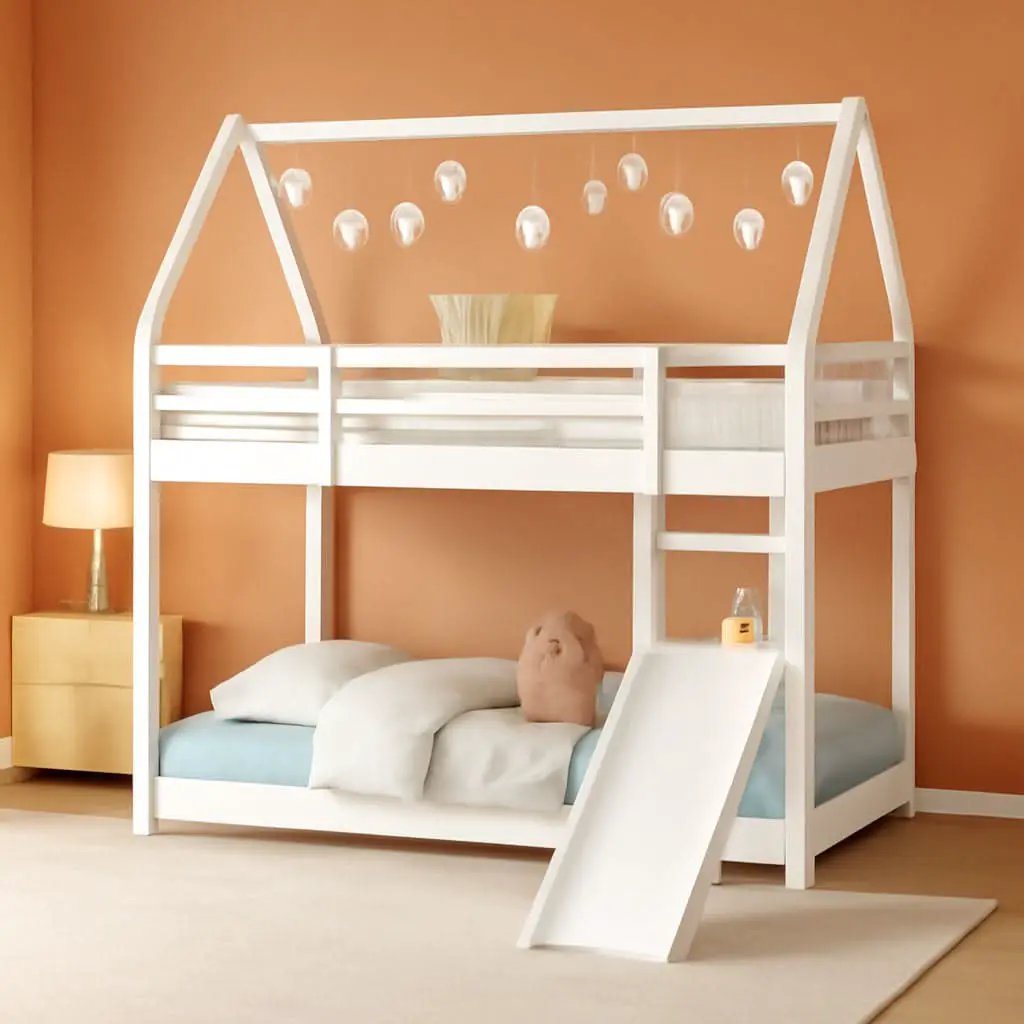 Twin Over Twin House Bunk Bed With Slide Solid Wood from PriceLows™