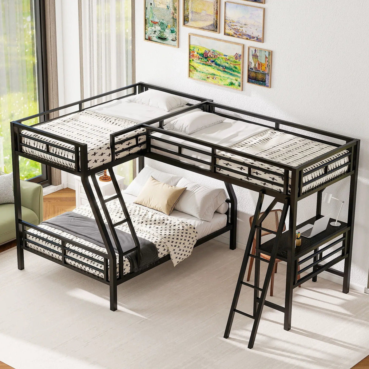 Twin Over Full Loft Bed | L Shaped Design | Built In Desk | Black Frame