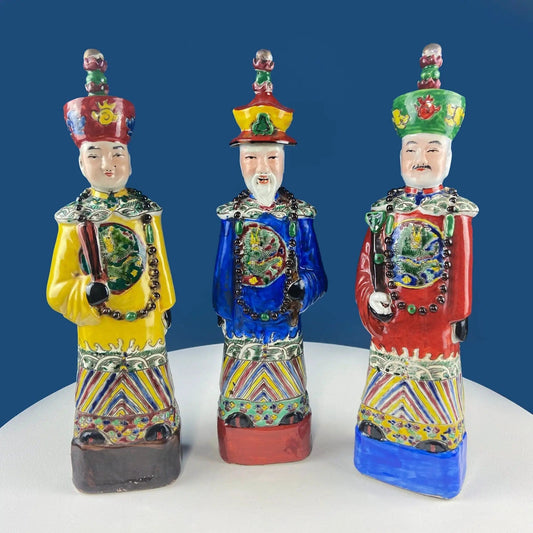3 Ceramic Sculptures of Asian Royal Advisors or Immortals | Collection of Large Figurines of Asian Men in Traditional Chinese Clothing | Home Decor | Collectors & Hosts