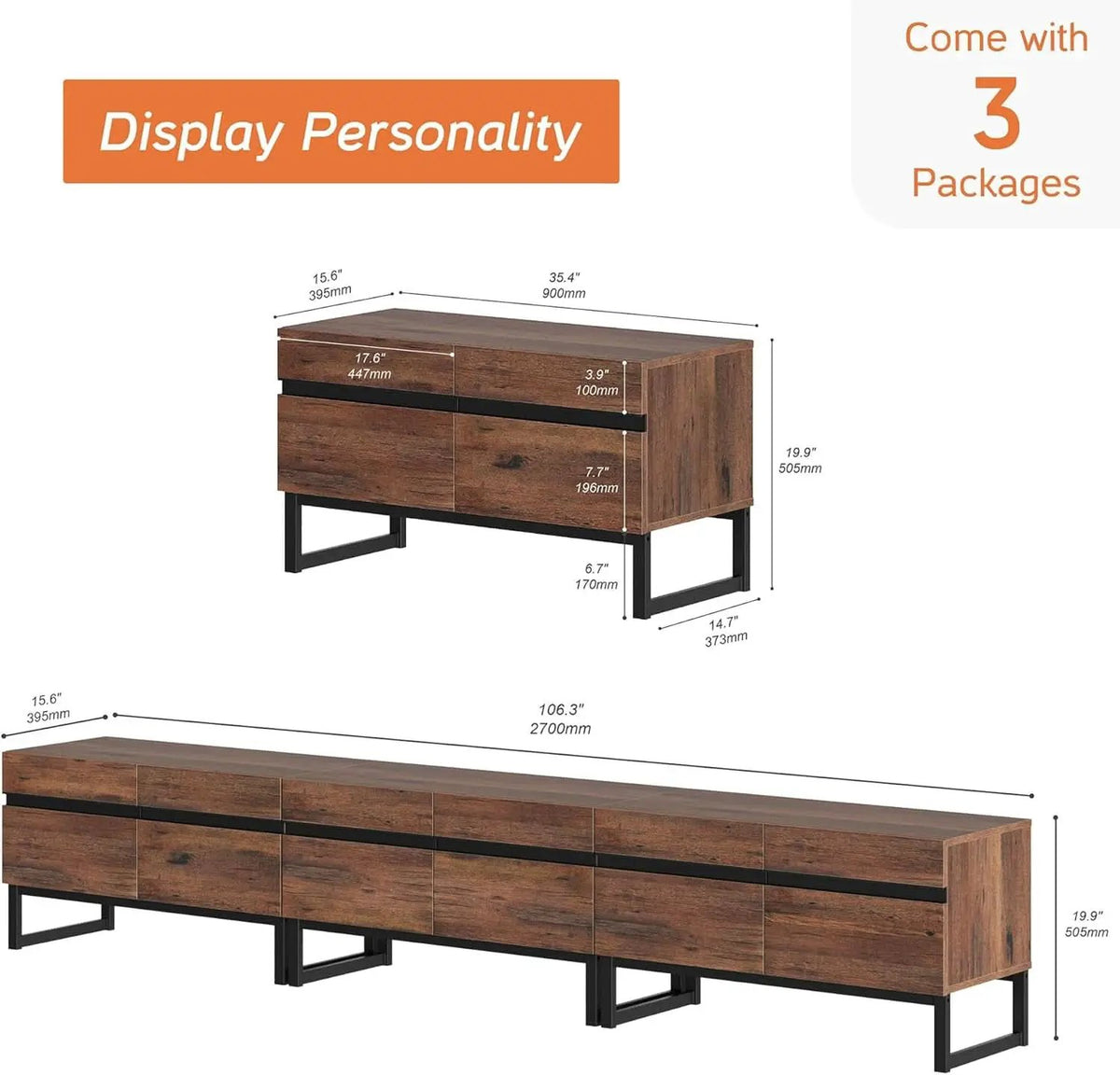 3 In 1 Modern TV Stand For TVs Up To 110 Inches With Storage Cabinets And Metal Base Walnut Brown from PriceLows™