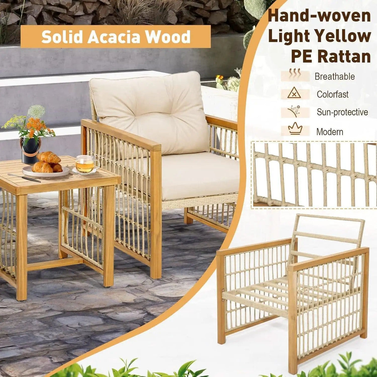 3 Piece Acacia Wood Patio Furniture Set With Beige PE Wicker Cushioned Chairs And Coffee Table from PriceLows™