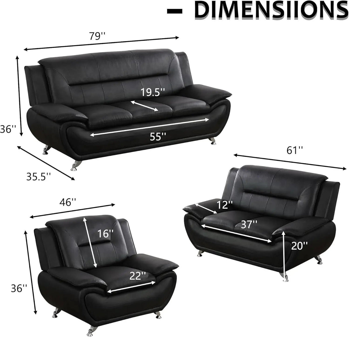 3 Piece Black Sofa Set Modern Living Room Couch Set Sofa Loveseat Chair For Home Decor from PriceLows™