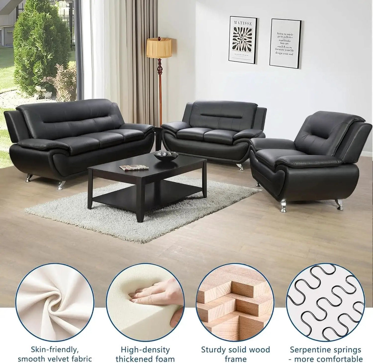3 Piece Black Sofa Set Modern Living Room Couch Set Sofa Loveseat Chair For Home Decor from PriceLows™