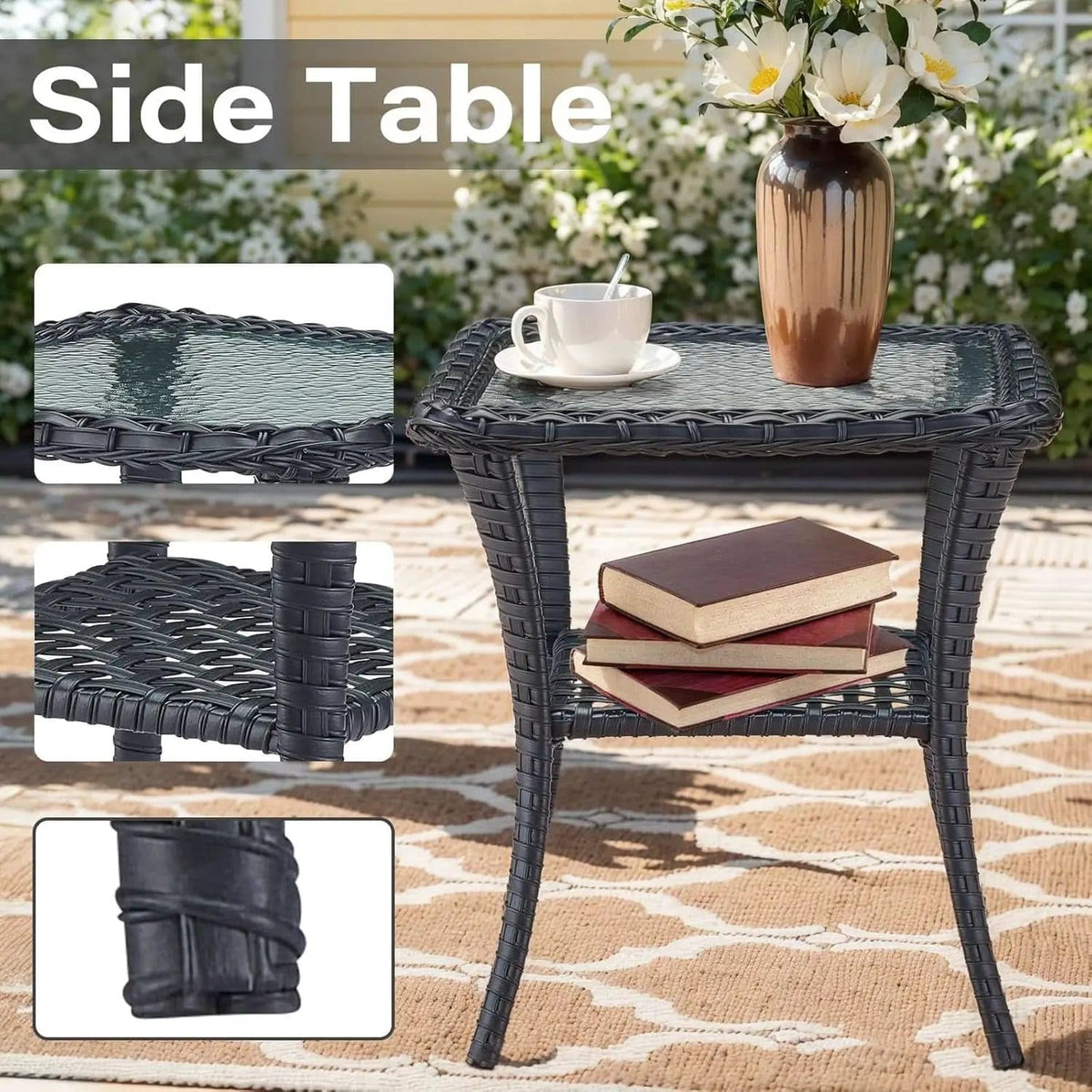 3 Piece Black Wicker Patio Furniture Set With Swivel Rocker Chairs And Side Table Beige Cushions from PriceLows™