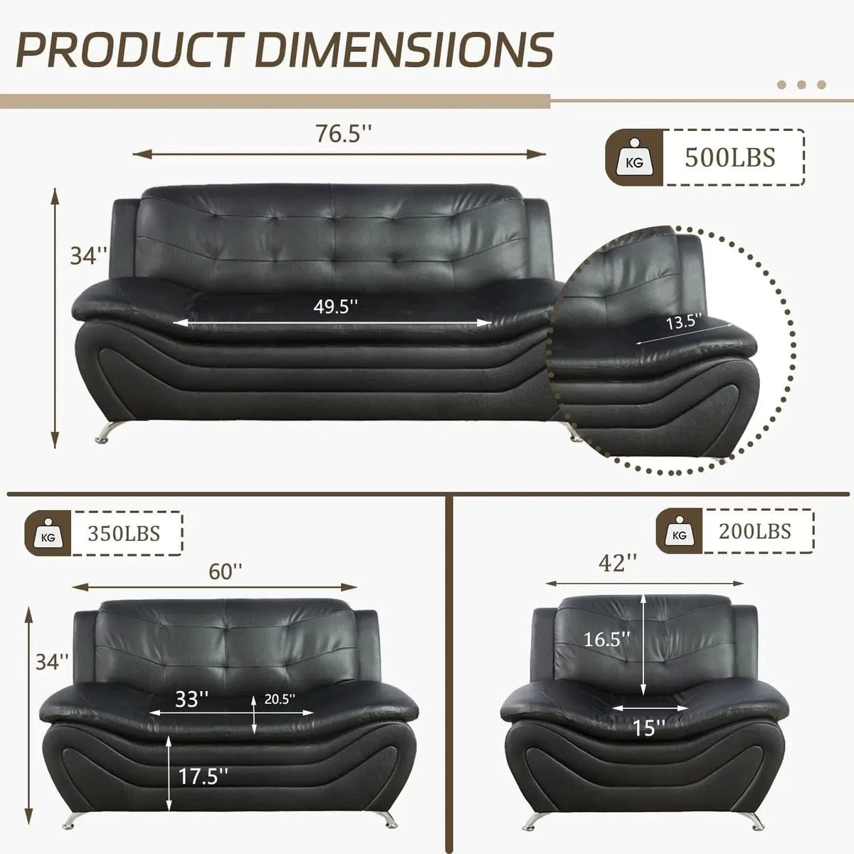 3 Piece Faux Leather Sofa Set For Living Room Black 3 Seater Sofa Loveseat Armchair from PriceLows™