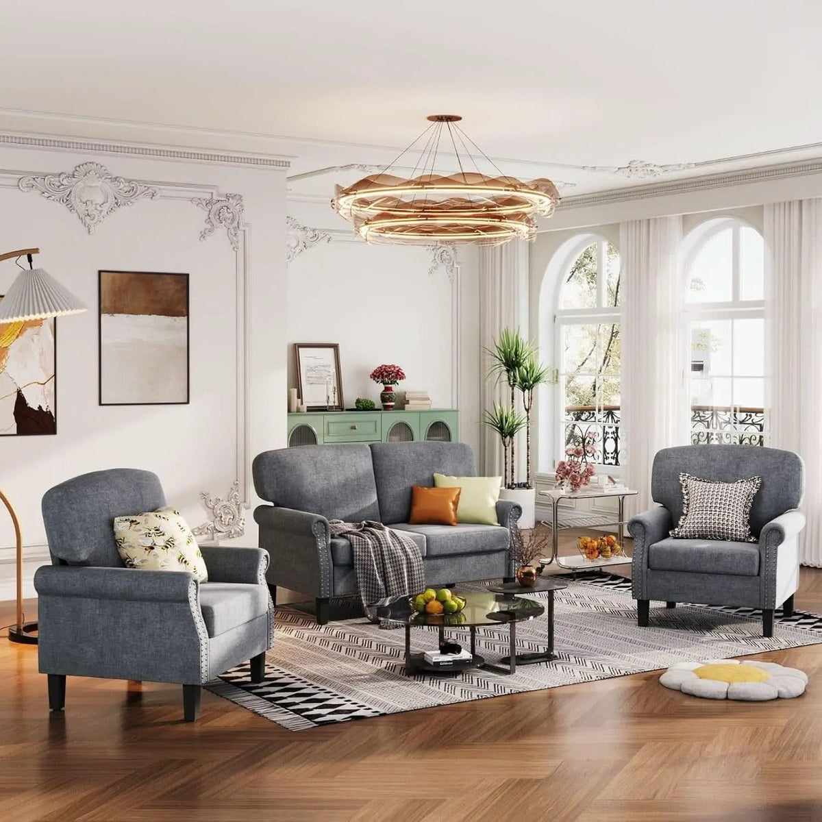3 Piece Living Room Furniture Set Grey Linen Fabric Loveseat And Two Accent Chairs from PriceLows™