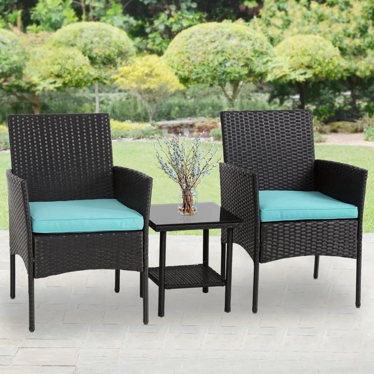 3 Piece Outdoor Patio Furniture Set With 2 Rattan Chairs And Blue Cushions For Porch And Garden from PriceLows™