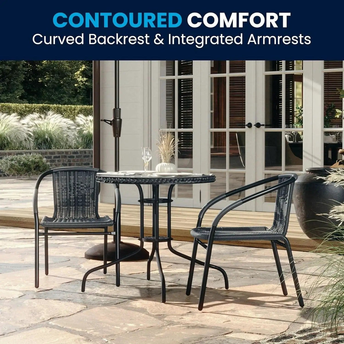 3-Piece Patio Dining Set With Round Glass Table And Stackable Rattan Chairs Gray from PriceLows™
