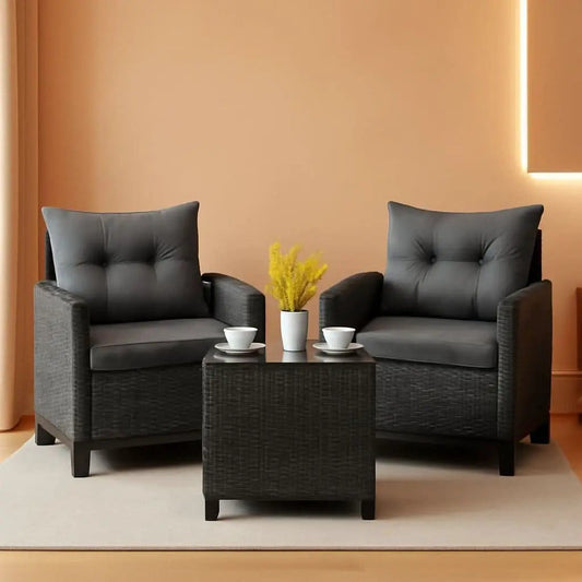 3 Piece Patio Furniture Set Outdoor PE Rattan Conversation Set With Washable Cushions And Tempered Glass Table Grey from PriceLows™
