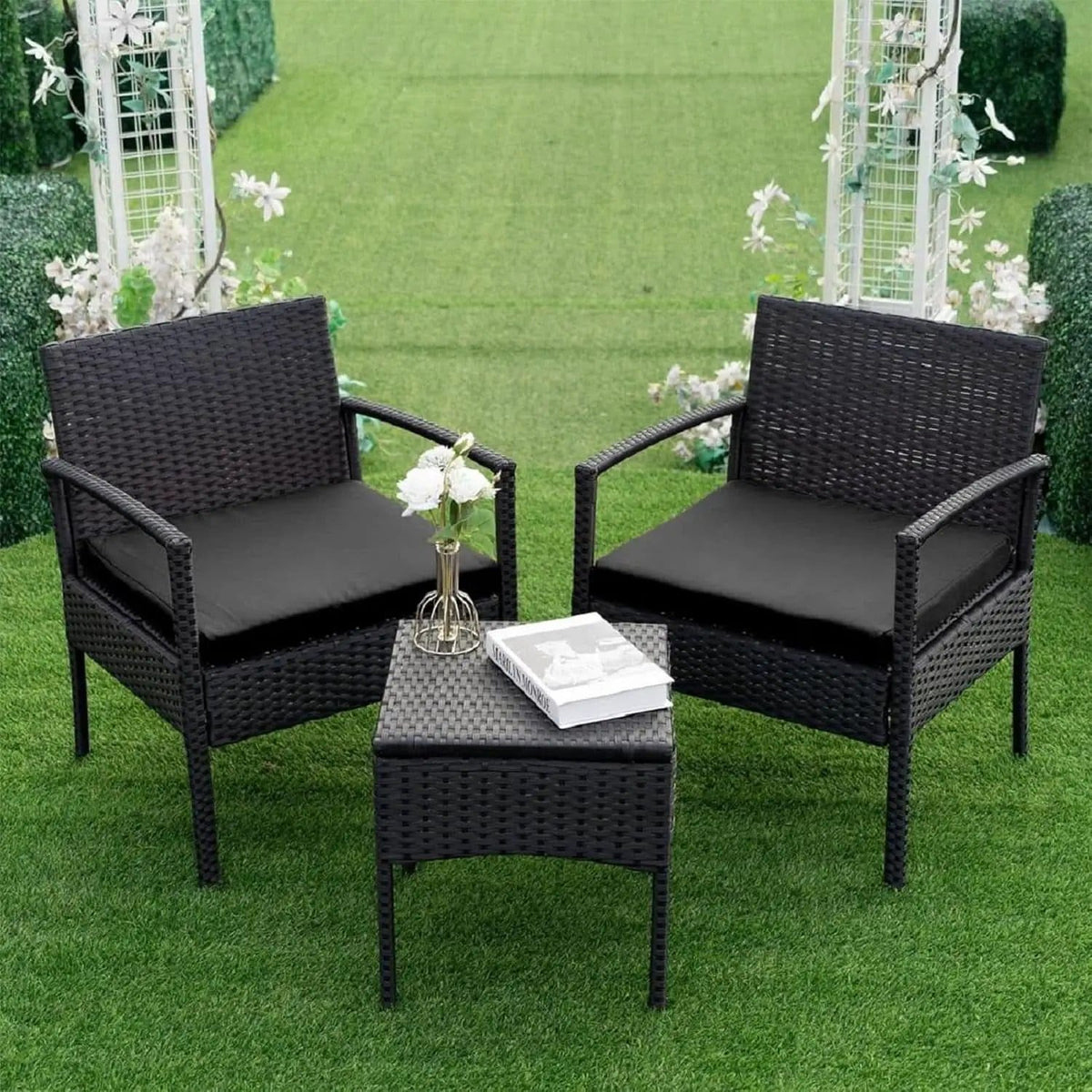 3 Piece Patio Rattan Conversation Chairs Set Outdoor Furniture Black Wicker For Garden Balcony Porch Yard from PriceLows™