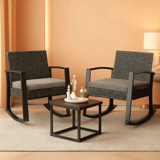 3 Piece Rattan Rocking Bistro Set With Coffee Table Outdoor Patio Furniture Grey Cushions from PriceLows™