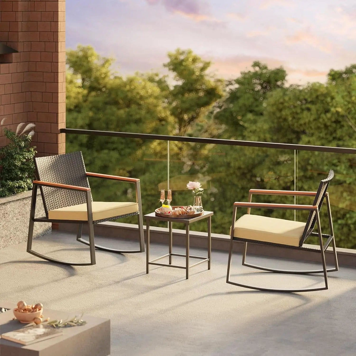 3 Piece Rocking Patio Bistro Set With Anti Scald Armrests Glass Table Cushions Outdoor Wicker Furniture from PriceLows™