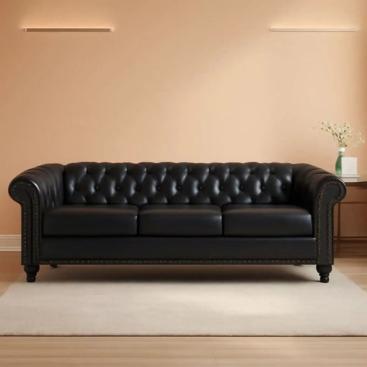 3 Seater PU Chesterfield Sofa Black Tufted Nailhead Trim from PriceLows™