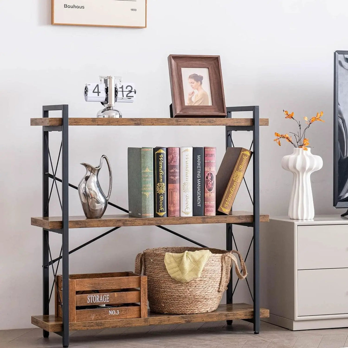 3 Tier Industrial Bookshelf Rustic Wood And Metal Open from PriceLows™
