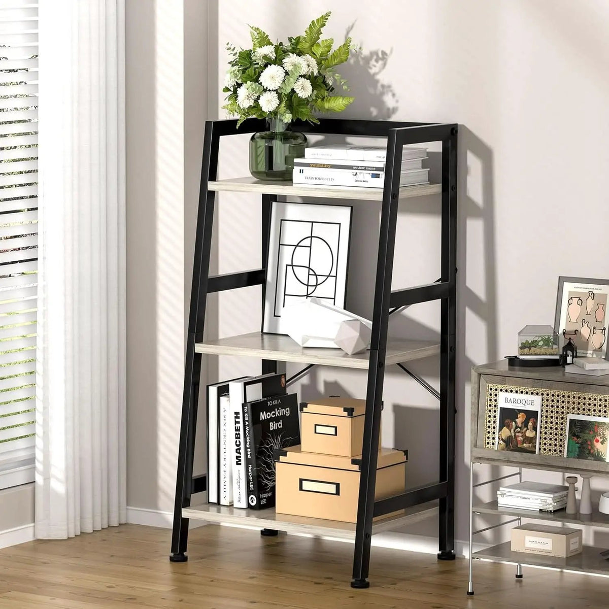 3-Tier Ladder Bookshelf With Steel Frame Greige Black from PriceLows™