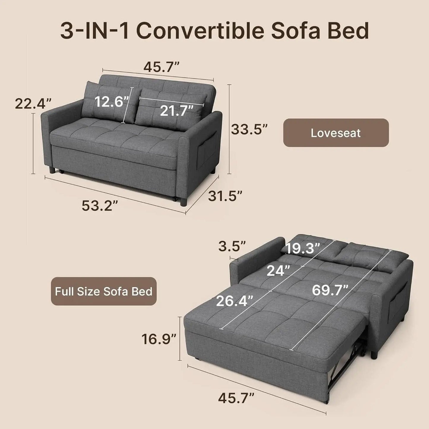 3 In 1 Convertible Sleeper Sofa Bed For Space Saving from PriceLows™