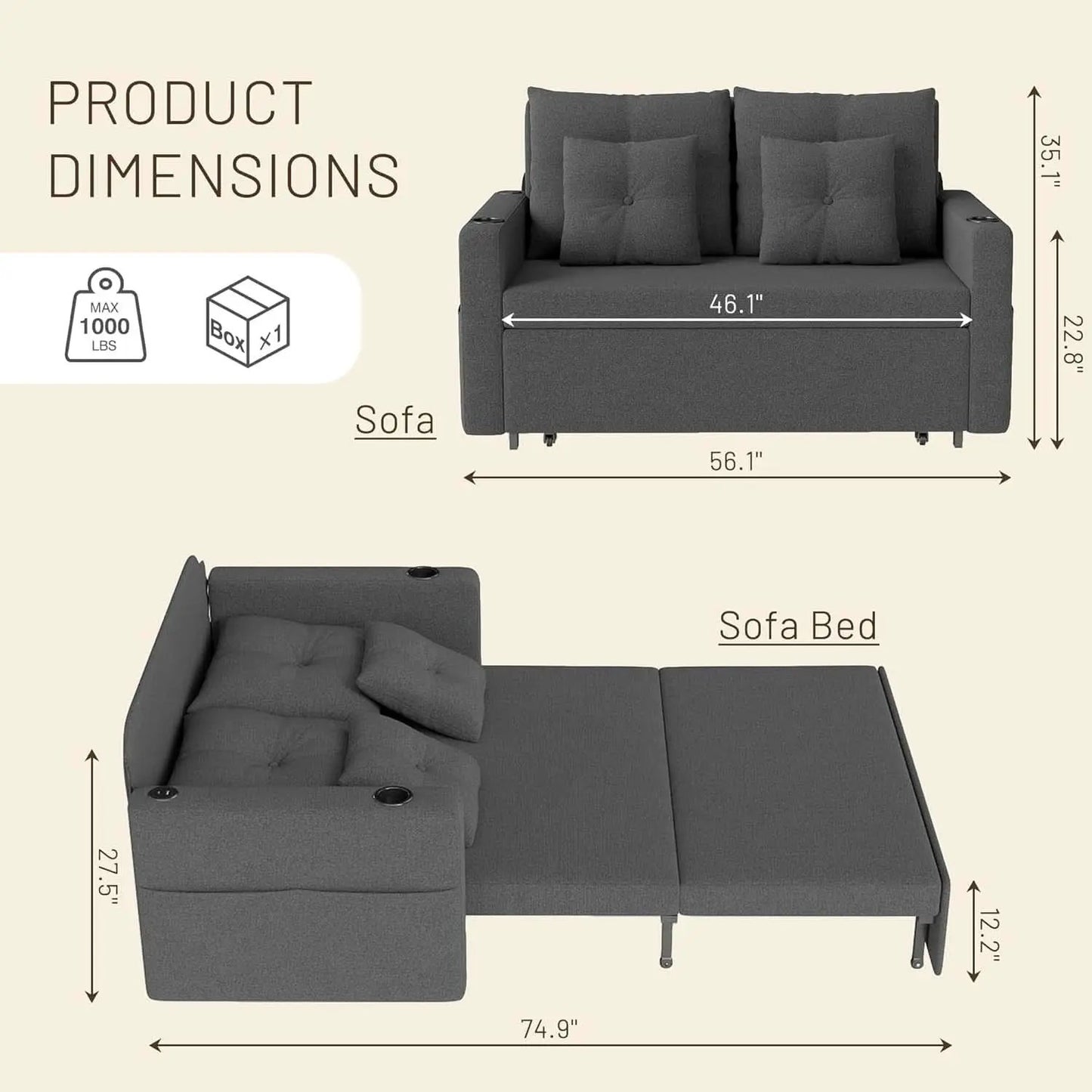 3 In 1 Convertible Sofa Bed With Cup Holders from PriceLows™