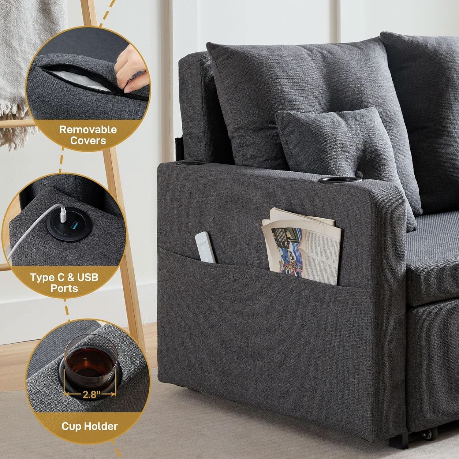 3 in 1 Convertible Sofa Bed with Storage and USB from PriceLows™
