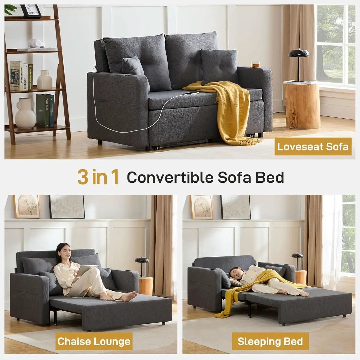 3 in 1 Convertible Sofa Bed with Storage and USB from PriceLows™