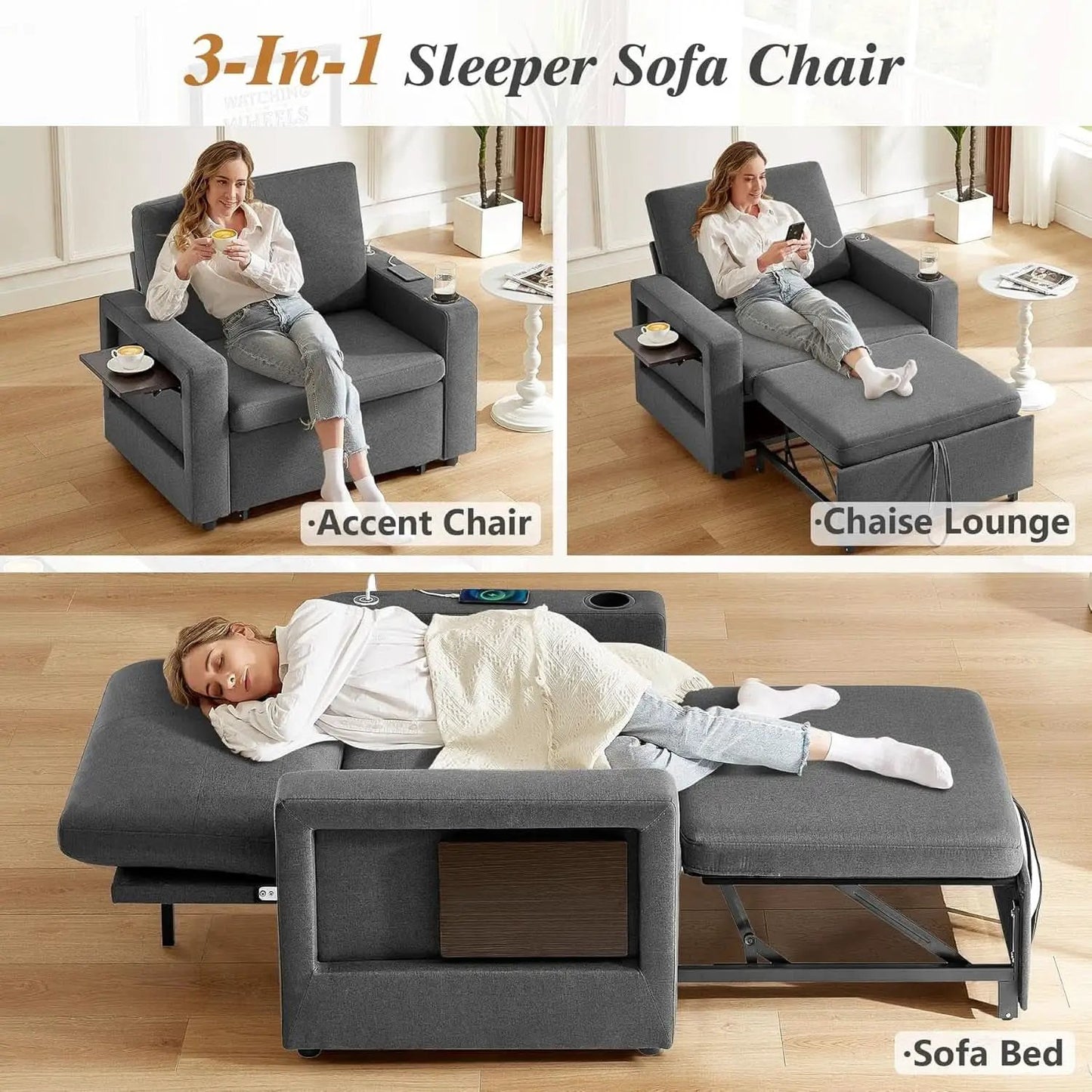 3 In 1 Sleeper Sofa Chair Bed With USB Ports from PriceLows™