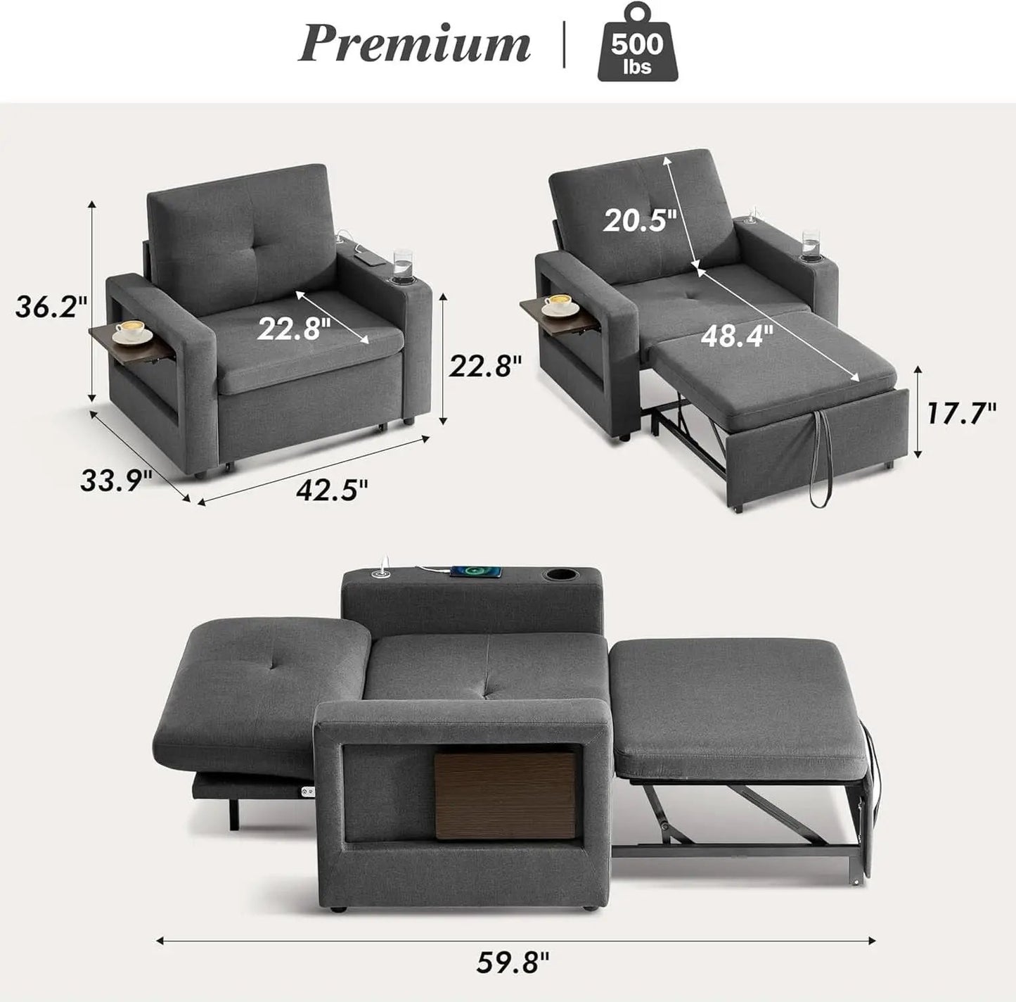 3 In 1 Sleeper Sofa Chair Bed With USB Ports from PriceLows™