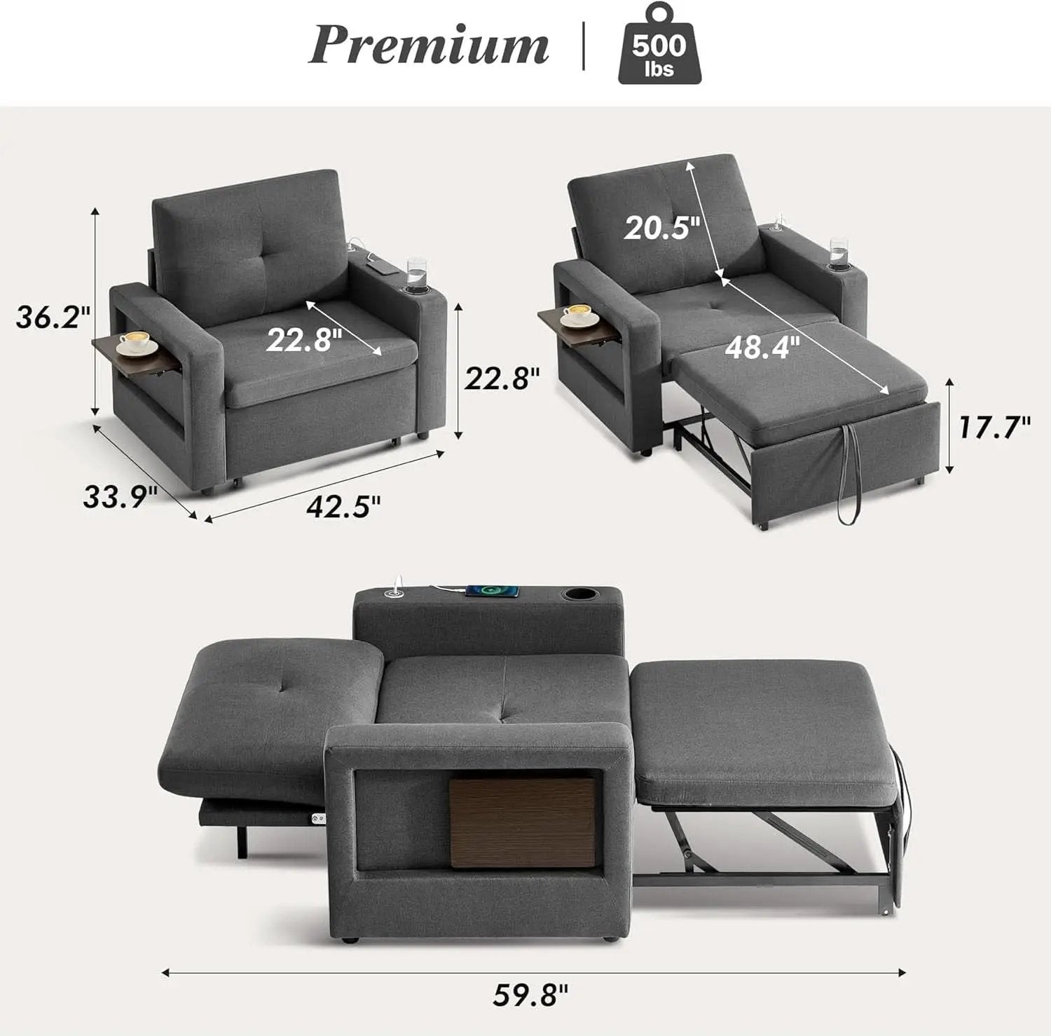 3 In 1 Sleeper Sofa Chair Bed With USB Ports from PriceLows™