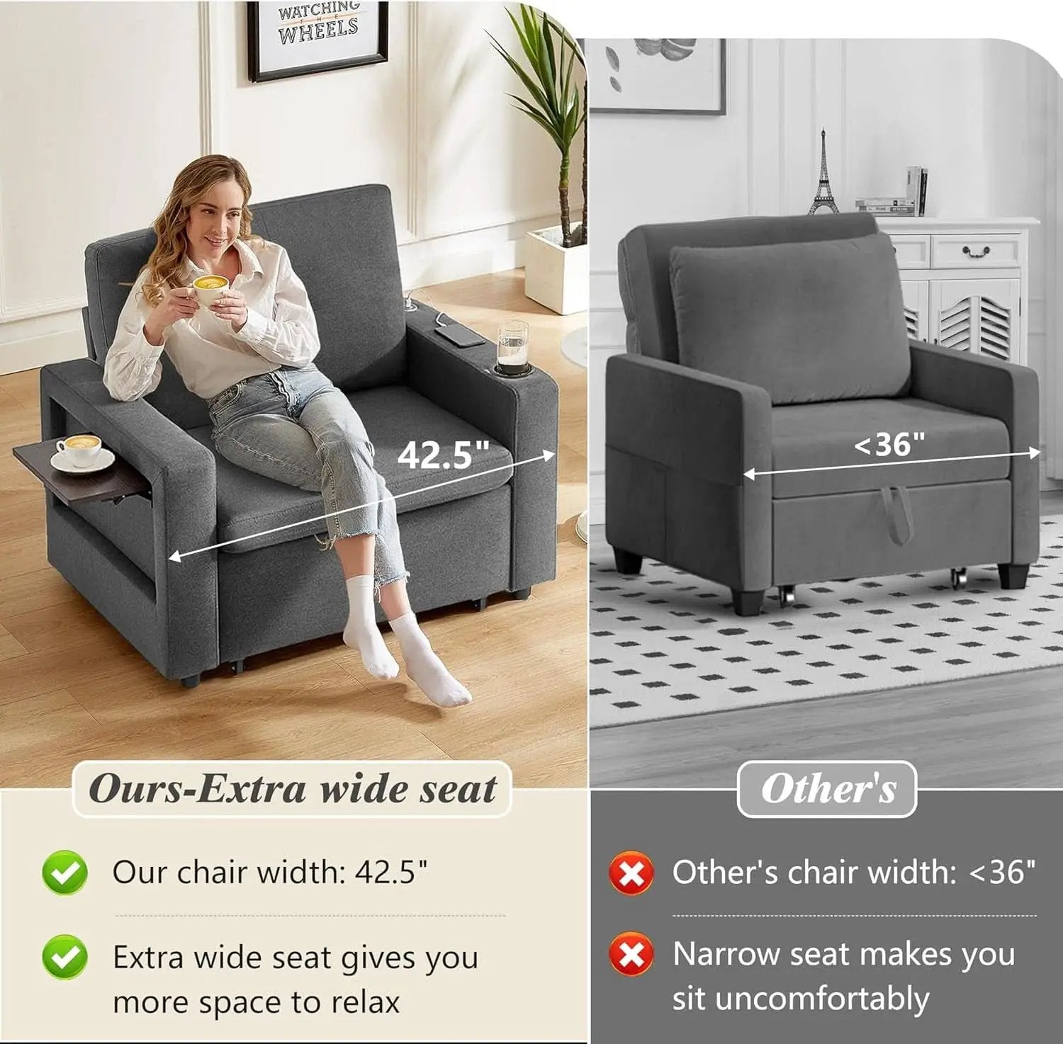 3 In 1 Sleeper Sofa Chair Bed With USB Ports from PriceLows™