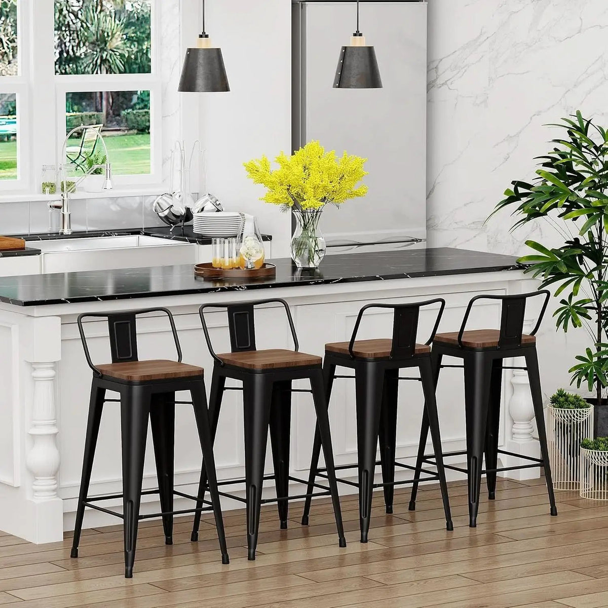 30 Inch Bar Stools Set Of 4 Matte Black Wood Seat With Back from PriceLows™