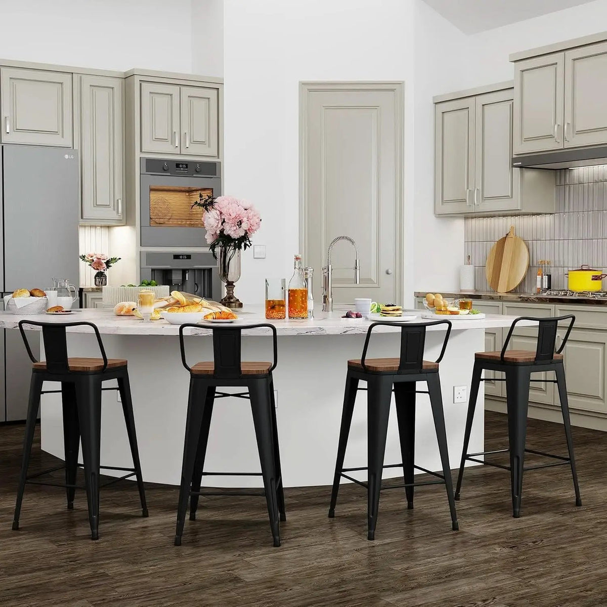 30 Inch Bar Stools Set Of 4 Matte Black Wood Seat With Back from PriceLows™
