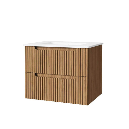 30" Wall Mounted Bathroom Vanity With Sink, Soft Close System, And Spacious Drawers - | 30 x 18.5 x 19.1 in | Walnut & Ceramic | Walnut