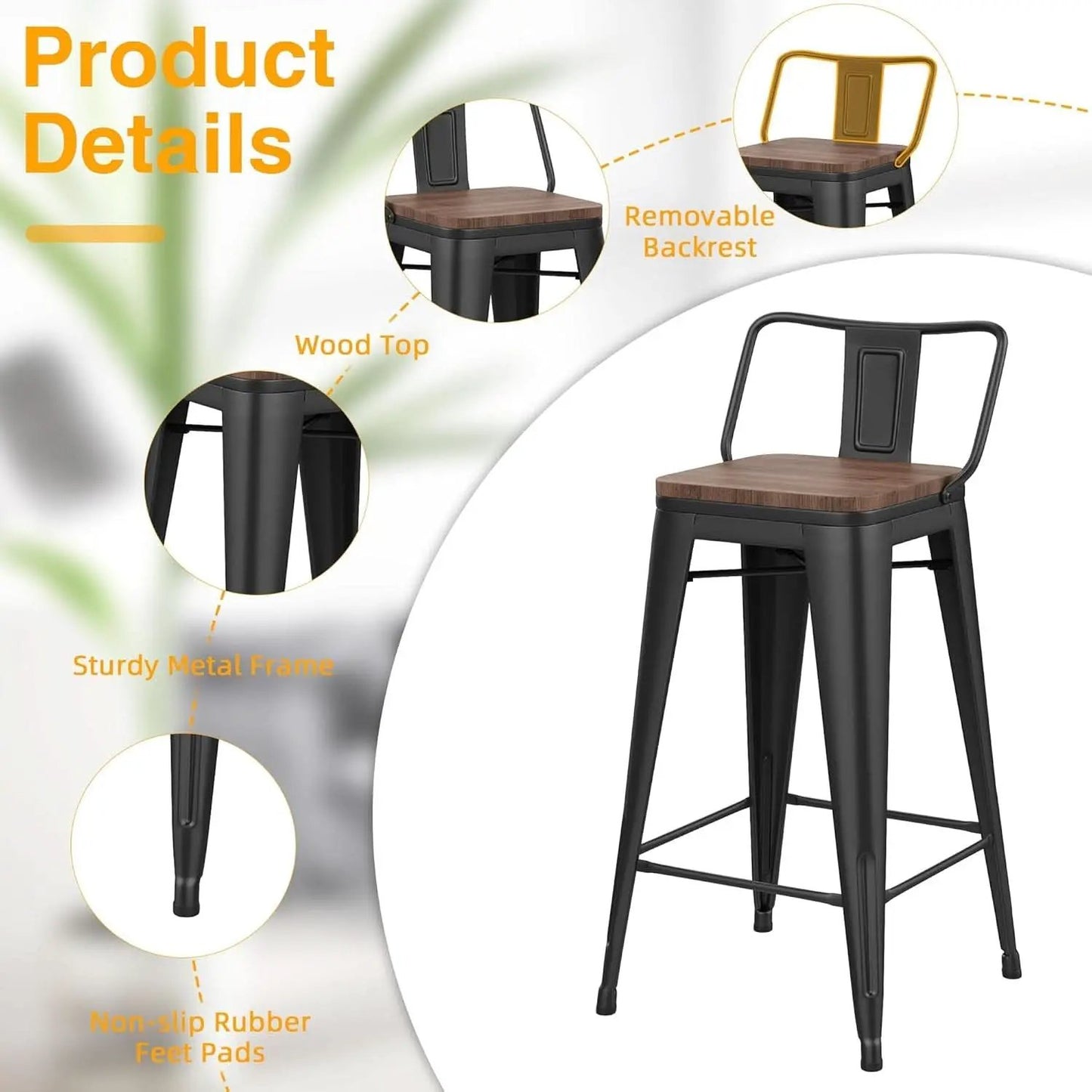30 Inch Bar Stools Set Of 4 Matte Black Wood Seat With Back from PriceLows™