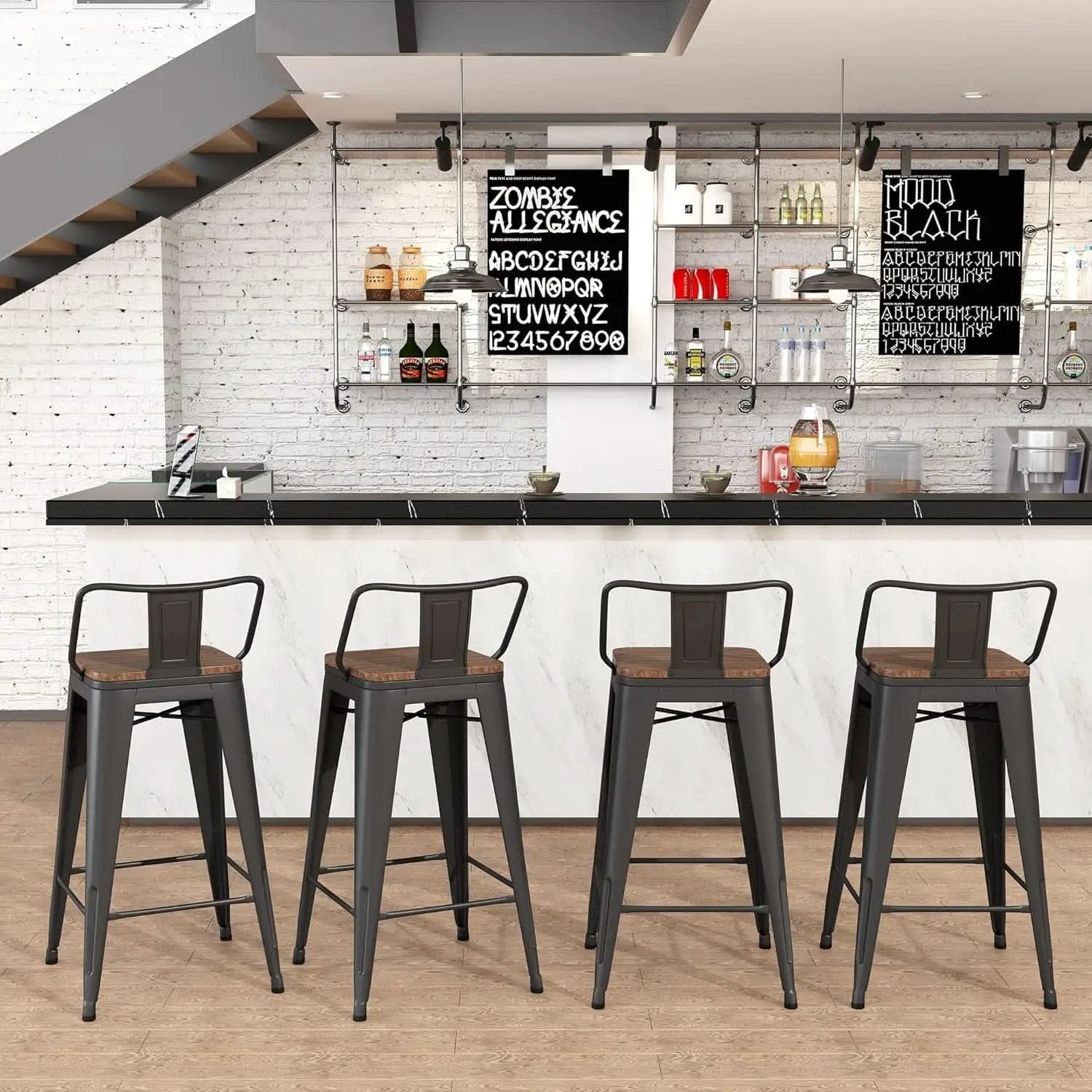 30 Inch Bar Stools Set Of 4 Matte Black Wood Seat With Back from PriceLows™