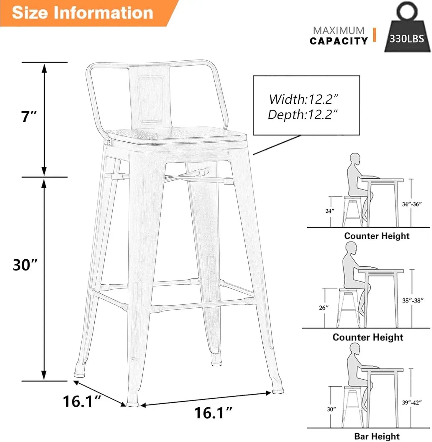 30 Inch Bar Stools Set Of 4 Matte Black Wood Seat With Back from PriceLows™