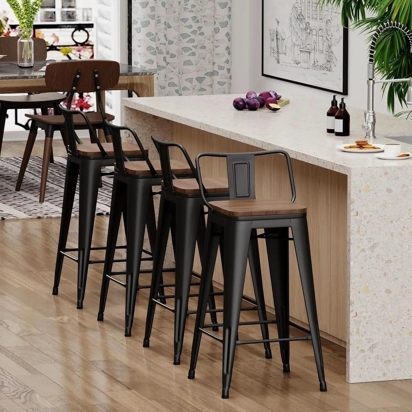 30 Inch Bar Stools Set Of 4 Matte Black Wood Seat With Back from PriceLows™