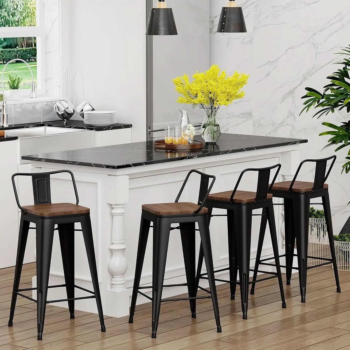 30 Inch Bar Stools Set Of 4 Matte Black Wood Seat With Back from PriceLows™