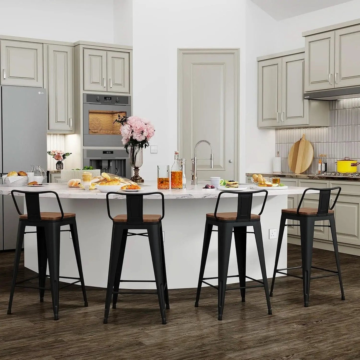 30 Inch Bar Stools Set Of 4 Matte Black Wood Seat With Back from PriceLows™