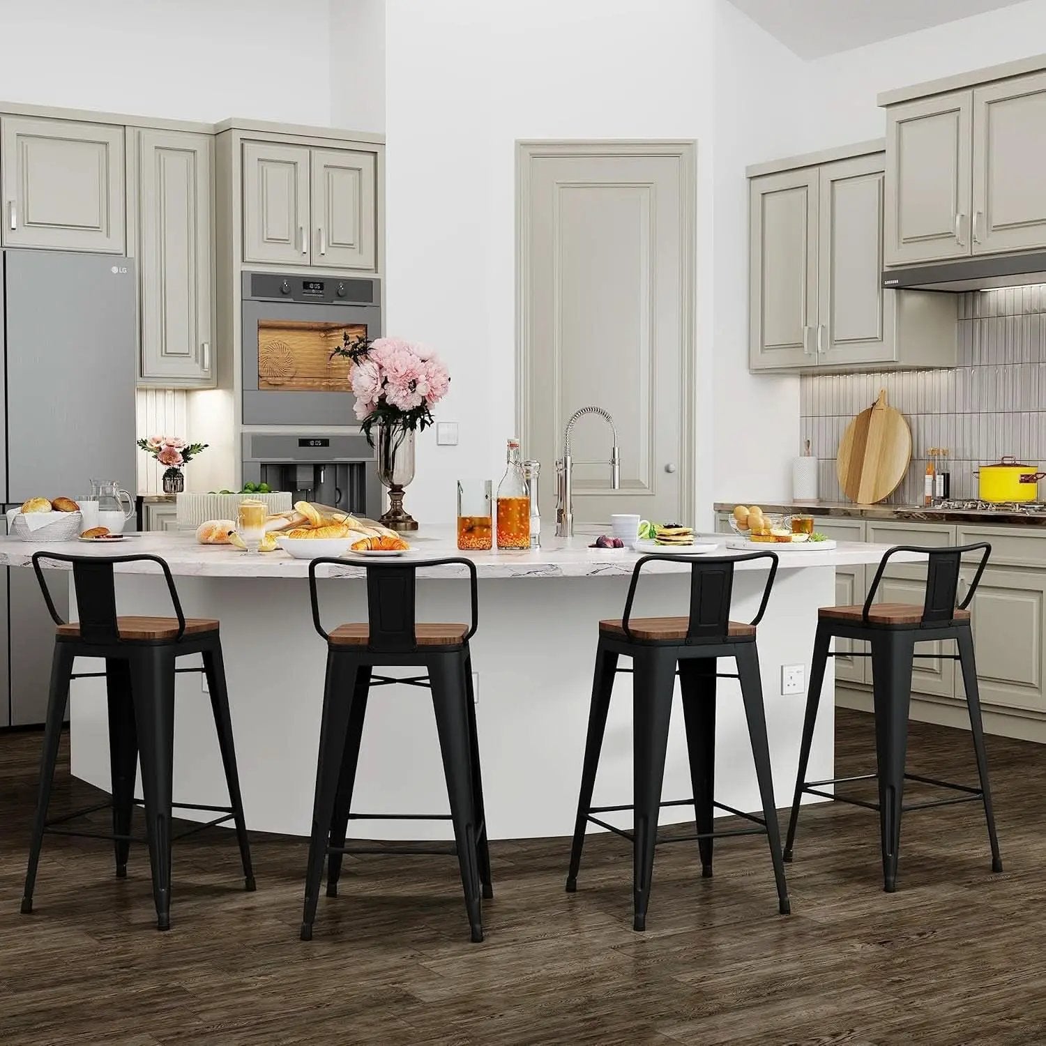 30 Inch Bar Stools Set Of 4 Matte Black Wood Seat With Back from PriceLows™