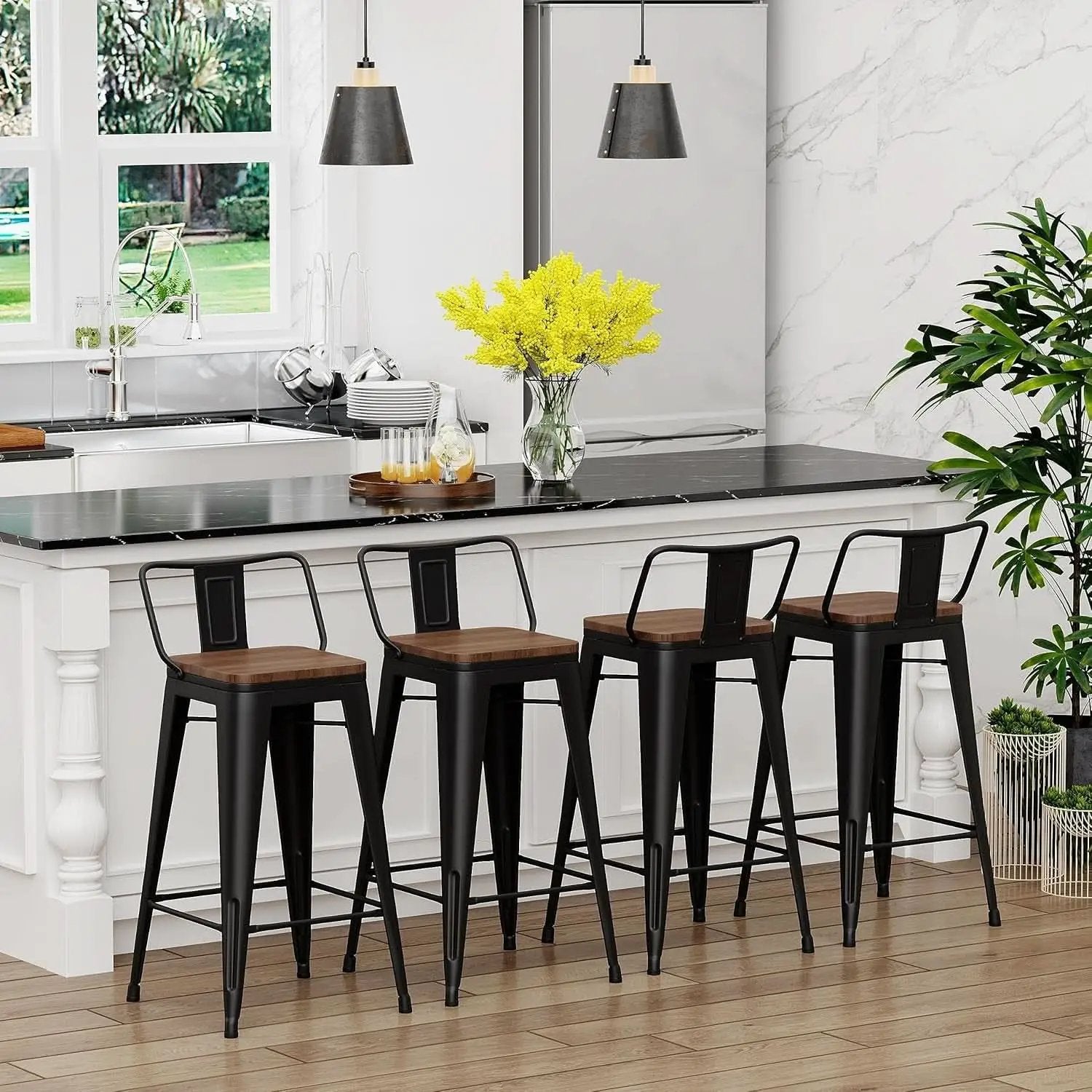 30 Inch Bar Stools Set Of 4 Matte Black Wood Seat With Back from PriceLows™