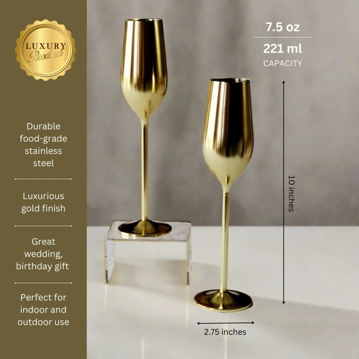 Champagne Flutes | Stainless Steel | Gold Finish | Unbreakable