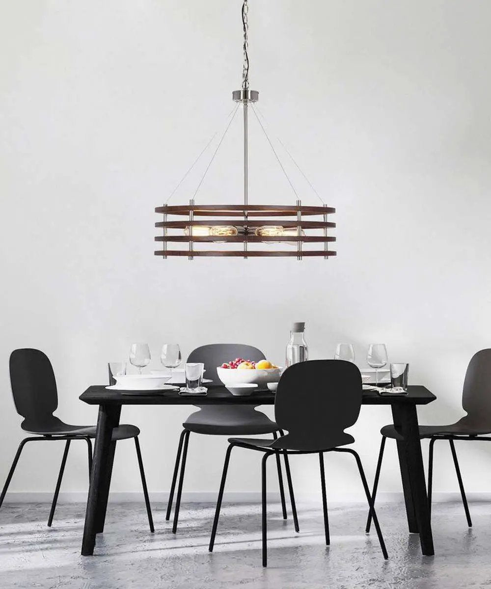 Pendant Light | Polished Nickel | 6 Light | 24 Inch Mahogany Wood