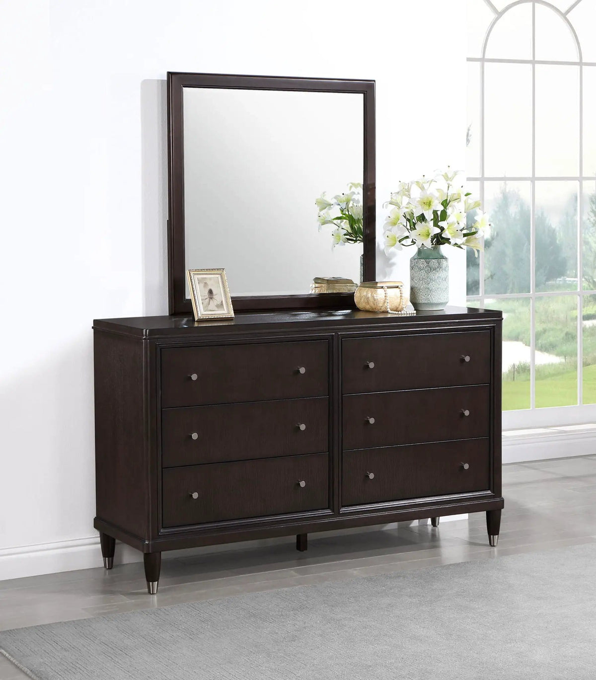 Emberlyn 6-drawer Dresser with Mirror | 64.25 x 20 x 76.75 in | Velvet & Wood | Brown