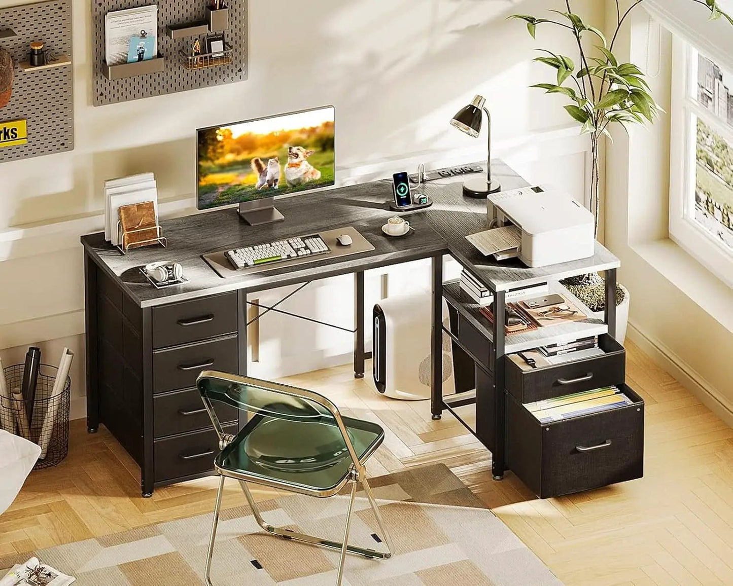 L Shaped Computer Desk With 6 Drawers And Power Outlet from PriceLows™