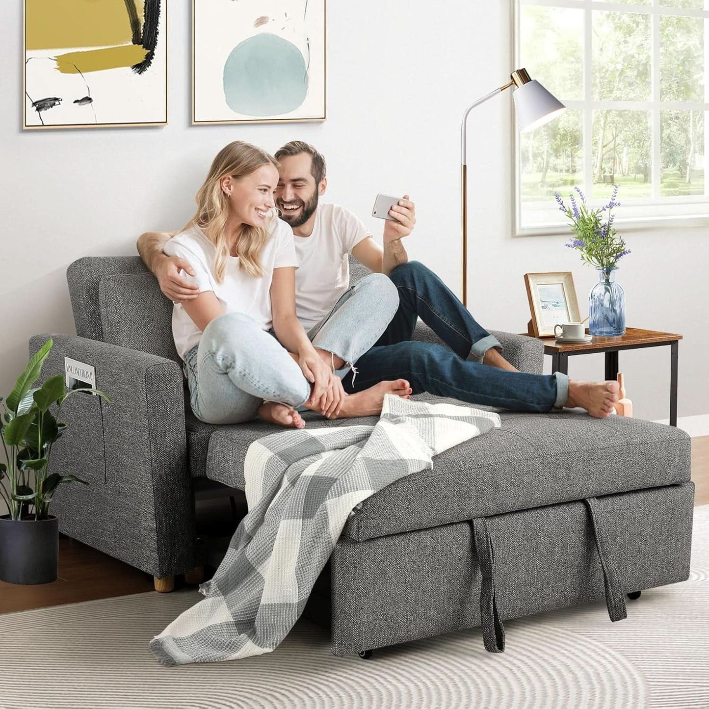 Sleeper Sofa Bed, 3-In-1 Convertible Sofa Chair, Linen Fabric Pull Out Couch Bed, Loveseat Sleeper with Spring Support, Adjustable Backrest, 2 Seater Recliner Chair for Small Space, Dark Grey from PriceLows™