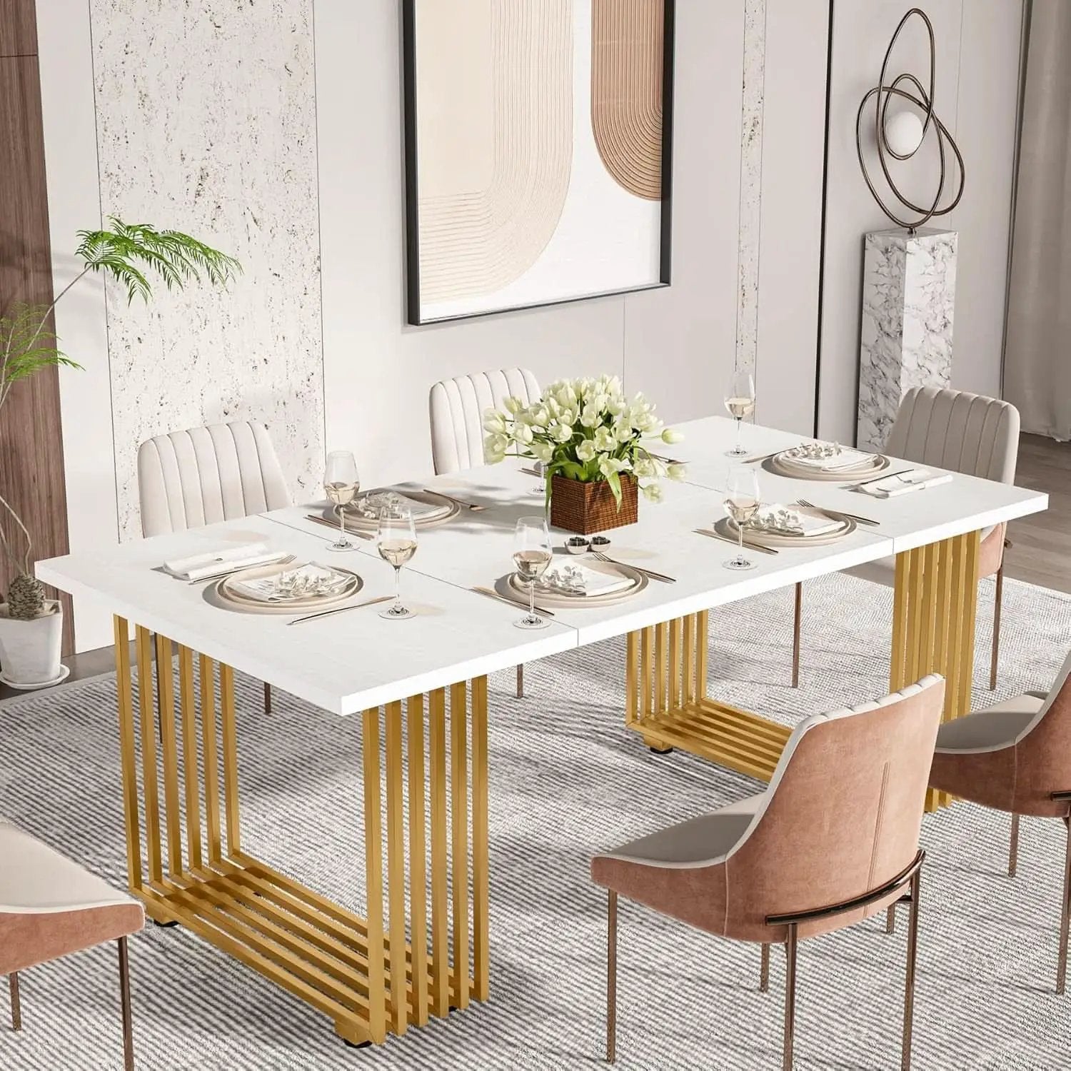 White Gold Wood Dining Table 70 Inch Rectangular For Dining Room from PriceLows™