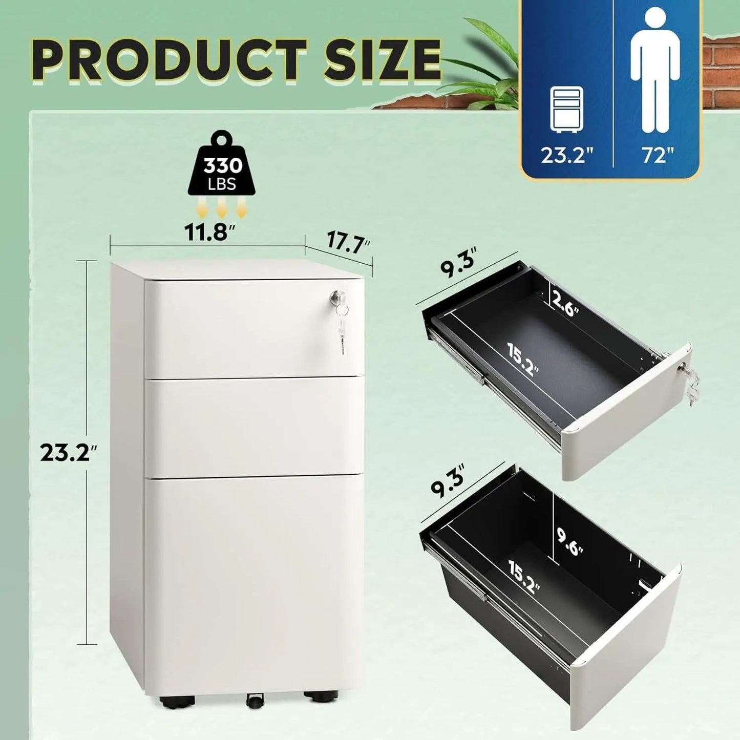 White 3 Drawer Slim File Cabinet For Office Lockable from PriceLows™