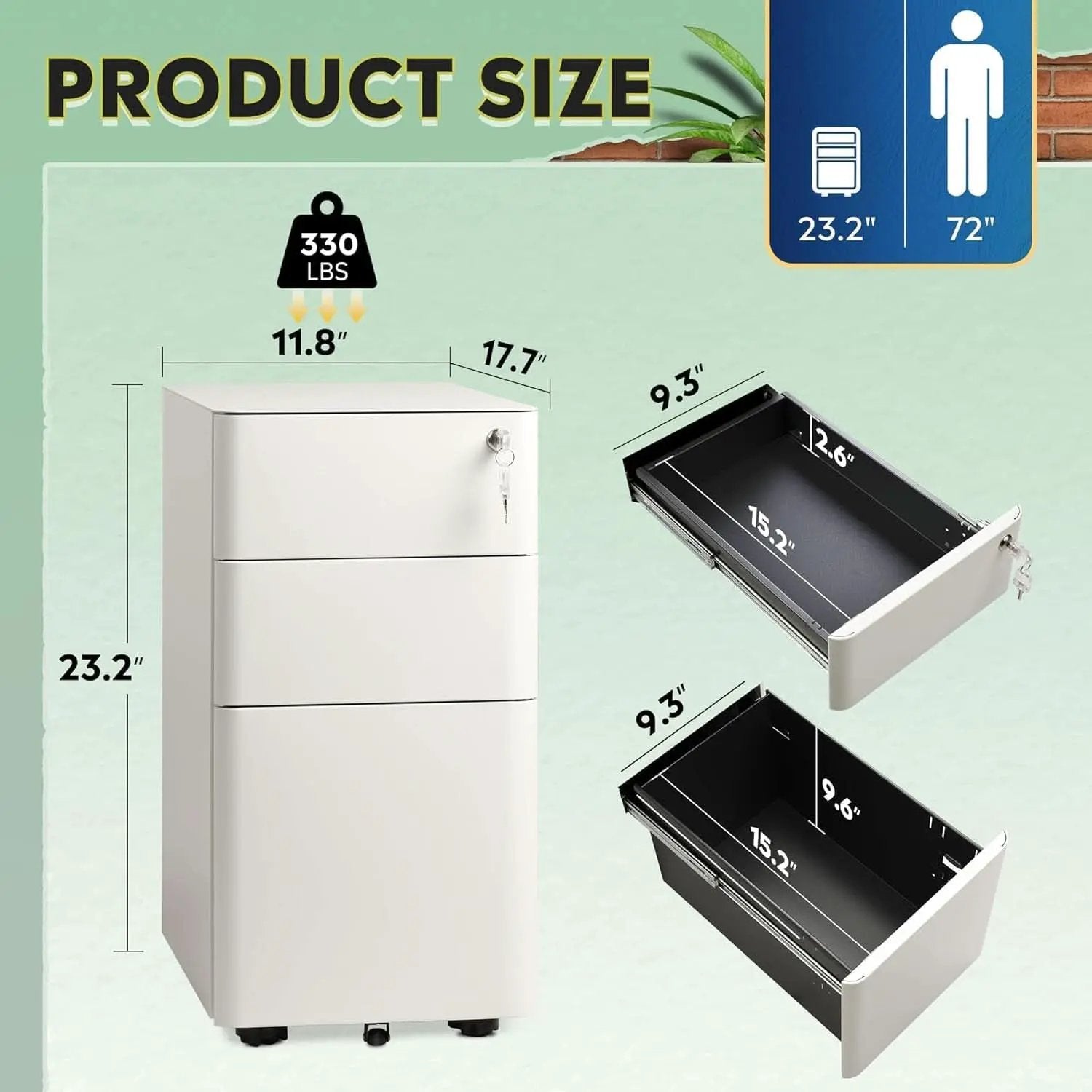 White 3 Drawer Slim File Cabinet For Office Lockable from PriceLows™