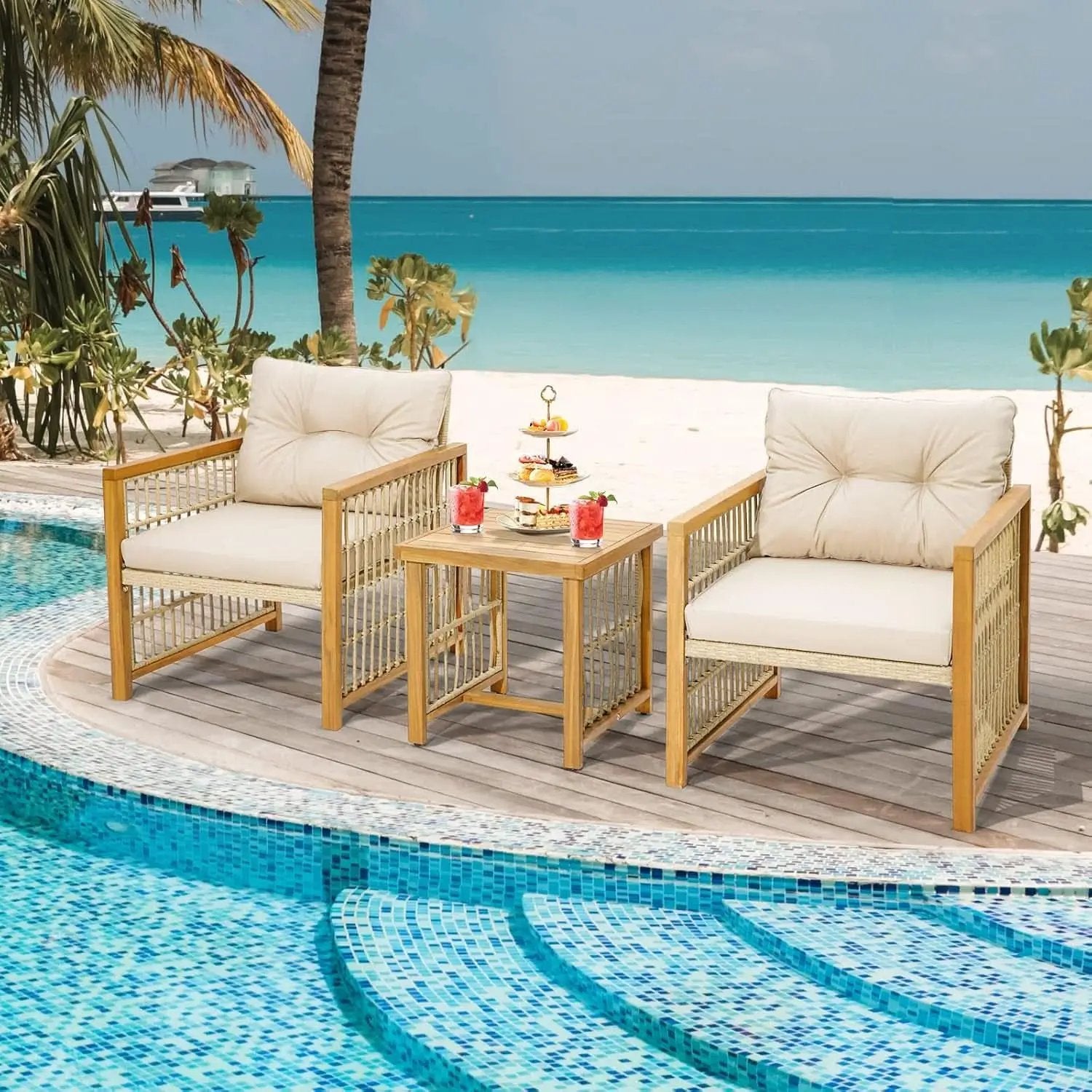 3 Piece Acacia Wood Patio Furniture Set With Beige PE Wicker Cushioned Chairs And Coffee Table from PriceLows™