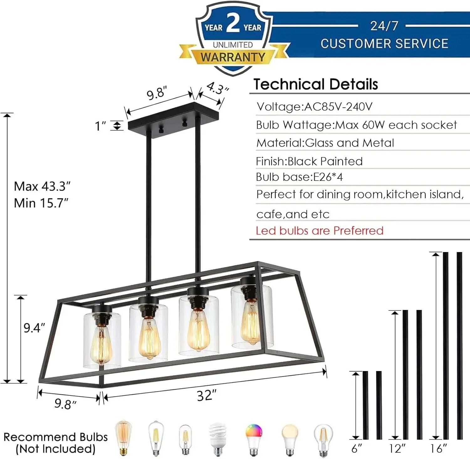 Black Farmhouse Linear Chandelier 4 Light For Dining Room from PriceLows™