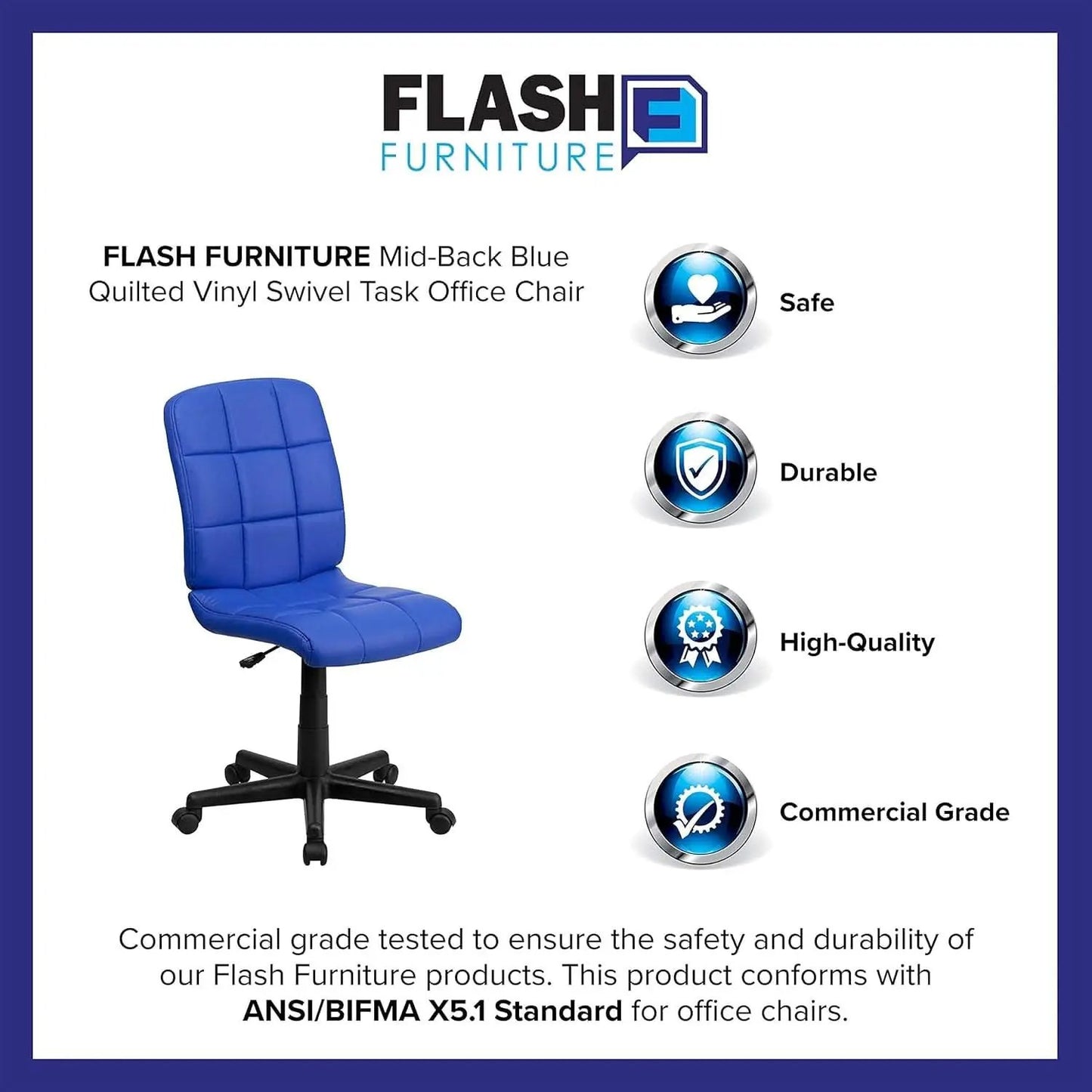 Clayton Blue Mid Back Quilted Vinyl Swivel Office Chair from PriceLows™